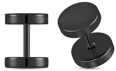 JESMODA 1 Pair G23 Titanium Fake Ear Plugs Earring Studs Faux Body Piercing Jewelry 16G Fake Ear Gauges Piercing Punk Style for Men Women Unisex 8mm, Black