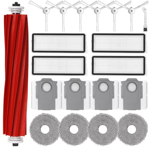 Accessories Kit for Roborock Qrevo S/QRevo MaxV/QRevo Pro/Qrevo Plus Robot Vacuum Cleaner Replacement Parts. 1 Main Roller Brush, 4 Hepa Filters, 4 Mop Pads, 6 Side Brushes, 4 Dust Bags, 1 Brush