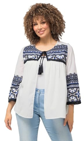 Ulla Popken Damen große Größen Übergrößen Plus Size Blusenjacke, Fransen, A-Linie, Rundhals, 3/4-Arm schneeweiß 50+ 827688200-50+