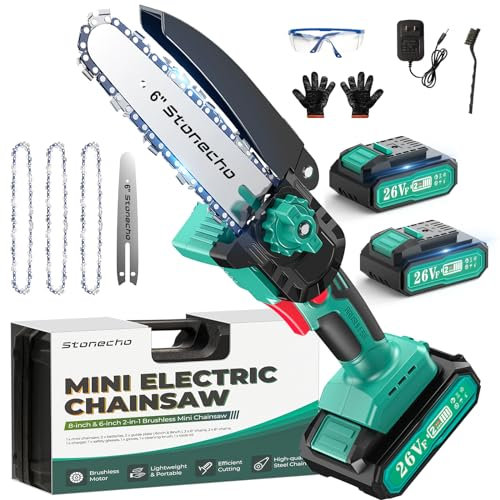 Stonecho Mini Chainsaw 6-inch, Upgraded Brushless & Cordless, 2 * 2000mAh Battery, One-Handed Portable Handheld Chainsaw for Garden Courtyard Tree Branch Wood Cutting