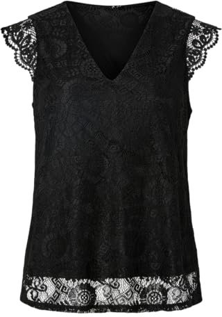 Pieces Femme Lace V-Neck Top Pcolline SL Noos Haut À Col en V Dentelle, Noir, M EU