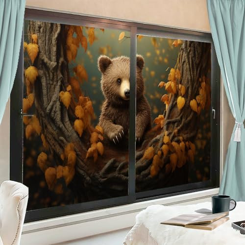 Modern Fun Bear Fensterfolie Sonnenblockierung Braun Niedlich Waldtier Rustikal Herbst Haus Fenster Tönungsfolie Kein Kleber Glas Haftabdeckungen für Zuhause Dekorativ 90 x 140 cm x2 Stück