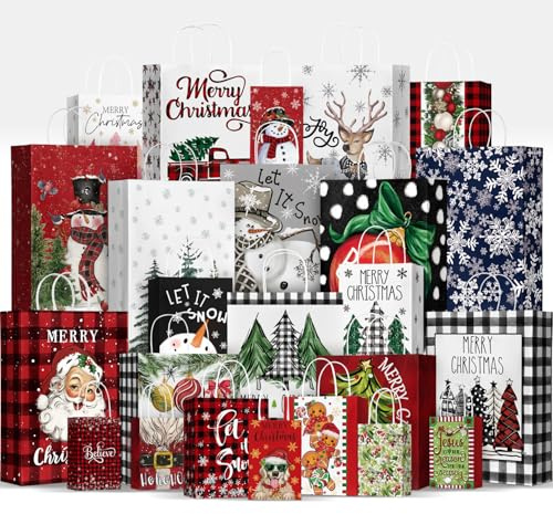 Horaldaily 24 Weihnachtsgeschenkpapiertüten Bulk mit Griffen Verpacken von Weihnachtsgeschenken (6 Jumbo, 6 Groß, 6 Mittel, 6 Klein)
