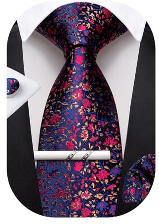 Barry.Wang Conjunto de Corbatas para Hombre Corbata Floral Pañuelo de Bolsillo Gemelos Clip Corbatas Clásicas de Seda para Hombre Conjunto de 4 Piezas para Boda Fiesta Negocios, Taille unique