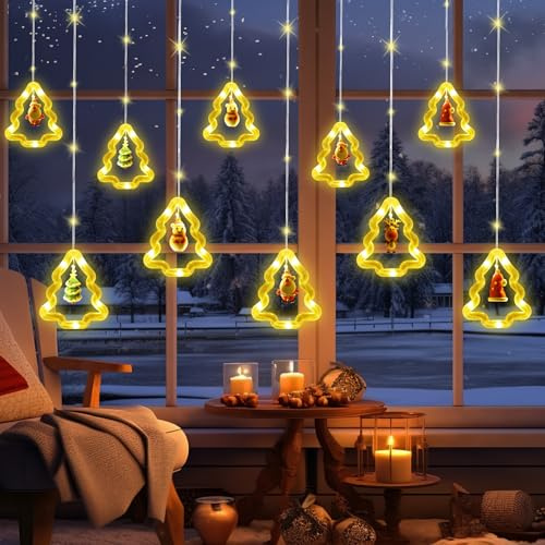 JIZZU Christmas Window Lights, 10M/100 Led String Lights, USB Powered Xmas Curtain Light with 8 Lighting Modes, Christmas Decorations Fairy Light for Window, Bedroom, Party (Xmas Tree)