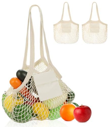 Hejo ﻿2 Stück Einkaufstasche, Einkaufsnetz mit Tasche, Einkaufsnetz Netztasche aus Bio Baumwollseil, Wiederverwendbare Einkaufstaschen, Mesh Bag für Obst, Gemüse, Spielzeug