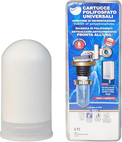 DETERMONDO 12 pz Ricarica Polifosfati Universale per Caldaia, Lavatrice, Lavastoviglie, Scaldabagno con Funzione Anticalcare, Decalcificante e Protezione Anticorrosione per Filtro, Cartucce, Dosatori