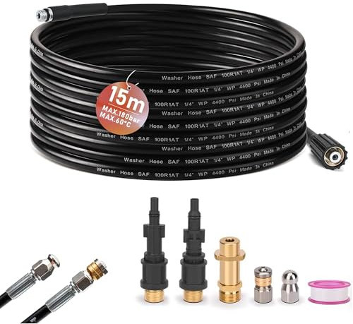 Set di tubi per la pulizia dei tubi, 15 m, con 3 adattatori, 2 ugelli rigidi + rotanti, compatibili con idropulitrici Karcher K2, K3, K4, K5, K6, K7, Lavor, Bosch Set universale per la pulizia dei