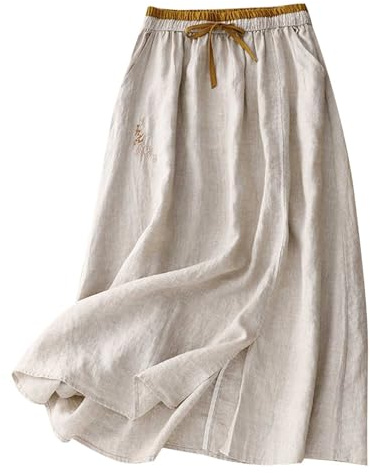 duxyoz Linen Skirts for Women UK Summer Elastic High Waist Loose A Lined Midi Skirt Cotton Linen Embroidery Elegant Casual Office Work Basic Party Dresses for Holiday Going Out Beige M