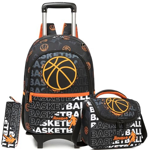 HTgroce Roulette skolväska pojke ryggsäck med hjul skolväska med hjul pojke primärt lunchväska väska väska, Svart orange basket, 42 x 30 x 20CM