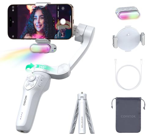 COMITOK MOGO Uniquement pour iPhone [Certifié Apple MFi] Stabilisateur à Cardan avec Pince pour Téléphone et éclairage RVB Stabilisateur à Cardan pour Vidéo Suivi du Regard pour iPhone 16 15 Pro Max