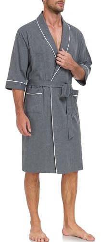 EA'S SECRET 100% Baumwolle Herren Leichte Bademantel Sommer 3/4-Ärmel Kimono Baderobe Weiches Knielang Sauna-Robe mit Taschen