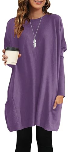 AUSELILY Maglione Donna Lungo Oversize Maglietta Donna Maniche Lunghe Leggero Pullover Girocollo Felpa T-Shirt Vestito con Tasche