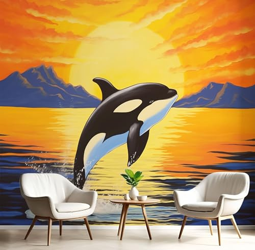 Fotomurales Montañas De Las Orcas 200X140Cm Papel Pintado Decoración De Pared Vista Del Atardecer, Murales Póster Naranja Ámbar Efecto 3D, Decorativos Murales Para Dormitorio Salón Tv Pared
