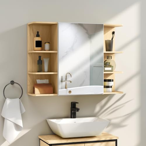 HOMCOM Armoire Murale Salle de Bain avec Miroir Rangement 80 x 20 x 59 cm | Meuble Salle de Bain, Armoire de Toilette avec Étagères Ouvertes, Effet Bois Naturel