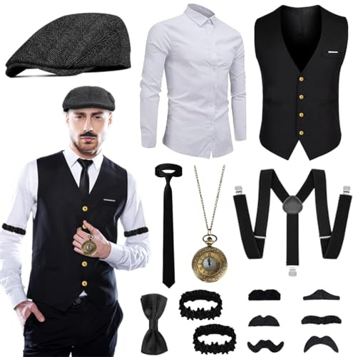 Fantspati 20-talet herrtillbehör, 1920-talet Gatsby, retro Gangster kostym-set med skjorta väst hatt Y-rem mustasch - XL