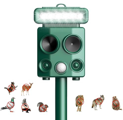 Repellente per gatti da giardino, deterrente a ultrasuoni per volpi, spaventapasseri per gatti, impermeabile IPX4, repellente per animali a energia solare per ratti, cani, gatti, volpi, uccelli