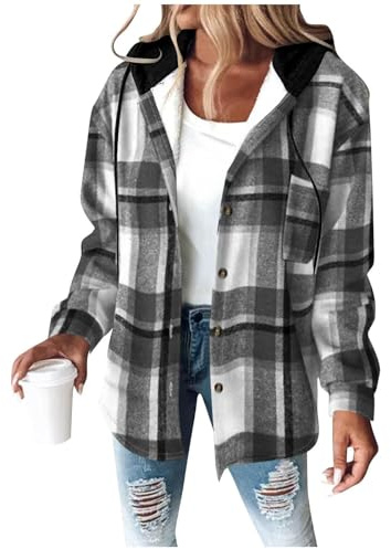 Generisch Damen Winterjacke Karierte Kapuzenjacke mit Knöpfen Herbst Winter Cardigan Warm Fleecejacke Wintermantel