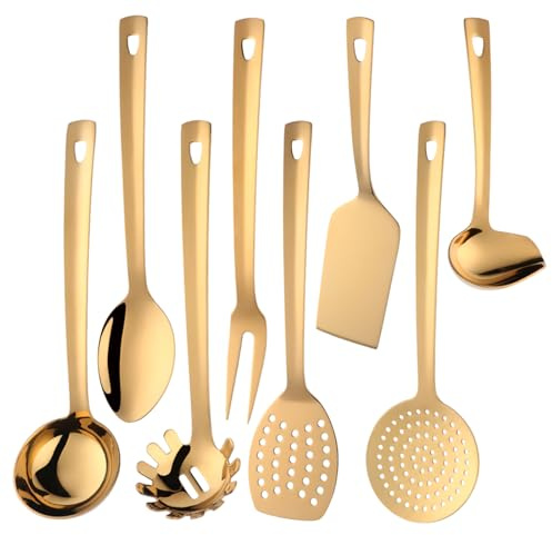QOBIMOON 8-Piece Kitchen Utensil Set, Gold Titanium Coated Non-Stick & Heat Resistant Utensils for Cooking, Baking (Spatula, Spoon, Slotted Spoon, Turner, Pasta Server)
