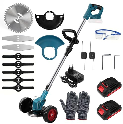 Telituny - Desbrozadora eléctrica con 2 baterías, compatible con baterías de 21 V, motor sin escobillas, cortadora de césped manual, para cortar bordes