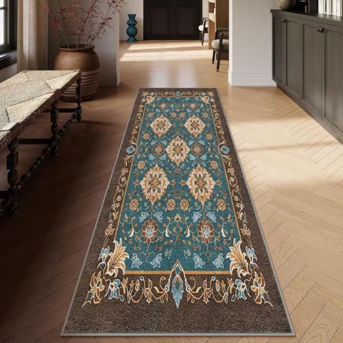 Siunwdiy Teppich Läufer Flur rutschfest Küchenläufer Waschbar 60 x 100 cm Braun Türkis Vintage Korridor Teppichläufer Lang Küchenteppich Für Küche Wohnzimmer Teppichläufer Meterware Anpassbar