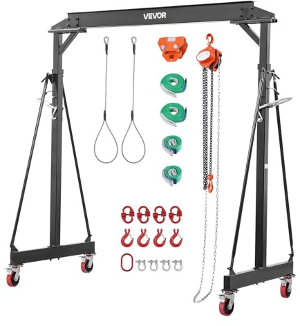 VEVOR Adjustable Gantry Crane, 4400 lbs Capacity, Portable Shop Lift Hoist with 99.6-146.9 in Height Adjustable, Manual Trolley, Hoist, Sling, Shackles, Hooks, for Garage Factory Warehouse Auto Repair