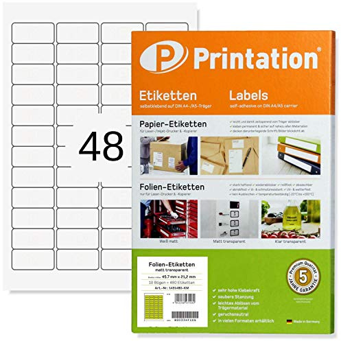 Printation 45,7 x 21,2 mm Folien-Etiketten selbstklebend matt transparent wasserfest - 10 Blatt A4/48 Aufkleber transparent bedruckbar pro A4 Bogen 4x12-480 Klebeetiketten 45,7x21,2 Klebefolie 45x21
