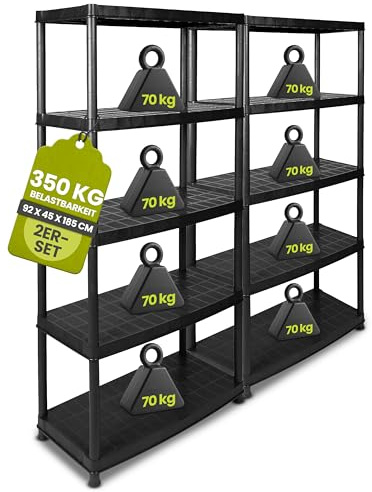 Kreher 2 Stück Kunststoffregal, Schwerlastregal mit 5 soliden Böden und hoher Traglast von ca. 70 kg pro Boden. Maße pro Regal BxTxH in cm ca.: 92 x 45 x 185 cm