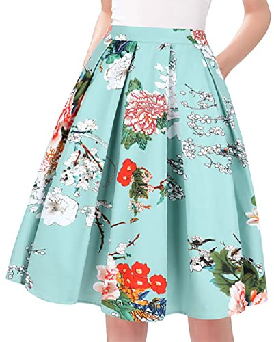 Tandisk Dam vintage A-linje tryckt veckad utsvängd midikjol med fickor, Grön blomma, M
