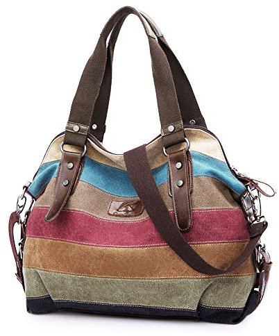 SNUG STAR Handtasche Damen,Canvas Tasche Damentasche Multi-Color-Striped Umhängetasche Damen Groß Schultasche Canvas Shopper Tasch Muttertag Geschenk Hobo Bag (C stylen)