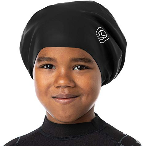 SOUL CAP JR - Large Swimming Cap for Children - Designed for Long Hair, Dreadlocks, Weaves, Hair Extensions, Braids, Curls & Afros - Silicone (Medium, Black)