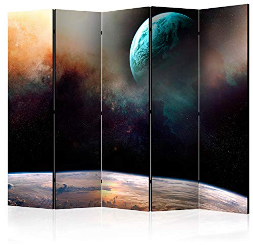 decomonkey Paravent Raumteiler Innen Planet 225x172 cm 5 Teilig Einseitig Room Divider Wall Raumteiler Stehend Trennwand Sichtschutz Spanische Wand Sichtschutzwand Wohnzimmer Holz Sterne