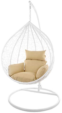 KIDEO Komplettset: großer Hängesessel mit Gestell & Kissen, Korbsessel, Poly-Rattan (Korb & Gestell: weiß, Kissen: Hellbraun Nest (7007_capucchino))