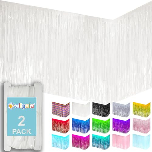 allgala White Tinsel Table Skirt 2-Pack 29x108 Inch Metallic Foil Fringe Table Skirts for Party Event, Parade Float, Party Decoraton