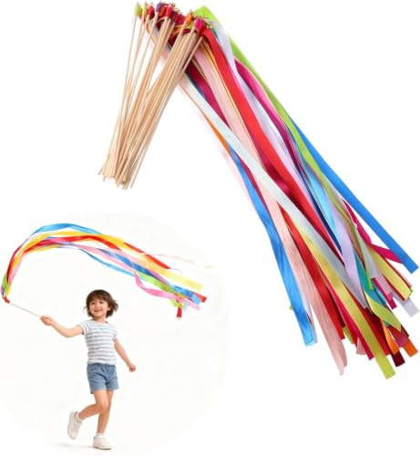 20Pcs Mix Color Ribbon Dancer Sticks with Bells Fairy Stick Wedding Streamers