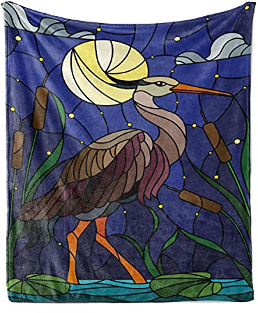 Ambesonne Egret Throw Blanket, Stain Glass Design Brown Tone Heron Bird at Nighttime with Moon Pond and Reeds, Flannel Fleece Accent Piece Soft Couch Cover for Adults, 60 x 80, Multicolor