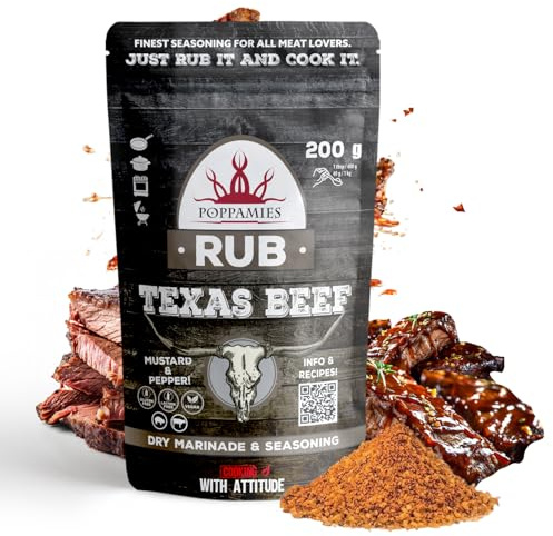 Sazonador Poppamies Texas Beef - Adobo seco y Condimento para Carne de res, Cerdo - Ideal para Parrilla, Barbacoa, Horno - Paquete Grande (200 g)