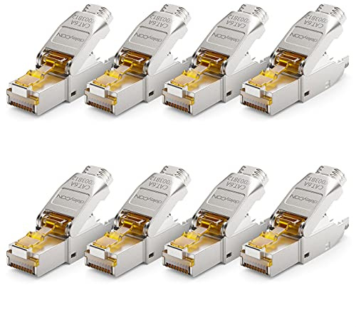 deleyCON CAT 6a Netzwerkstecker RJ45 werkzeuglos 10 Gbit/s, 8 Stück | Geschirmter Netzwerk Stecker für starre Verlegekabel, Rohkabel, Steckverbinder RJ45 Ethernet LAN DSL Patchkabel