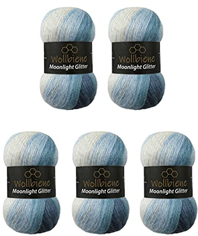 Moonlight Glitter Batik Simli 5 x 100g Strickwolle 500 Gramm Wolle zum Stricken und Häkeln 20% Wolle Metallic-Wolle Farbverlaufswolle Glitzerwolle (5500 blau weiß)