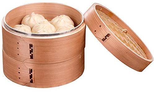 LTLWSH Natural Wood Steamer with Lid 2 Tiers Large Diameter, Perfect for Healthy Cooking of Dumplings, Meat And Vegetables,28cm