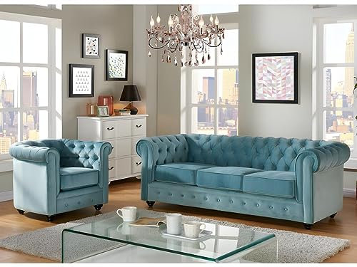 Vente-unique-Sofá 3 plazas y sillón de Terciopelo Chesterfield - Azul Pastel