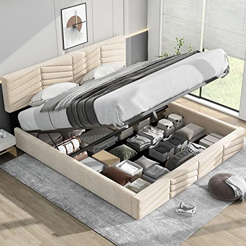 Moimhear Cama Tapizada 180 x 200 cm, Doble Funcional Hidráulica, Terciopelo, Estilo a Rayas, Continental, Cabecero Regulable en Altura (Beige)