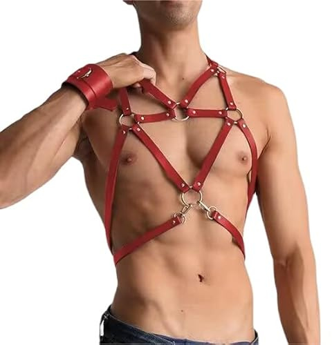 Arnés de piel sintética para hombre, estilo punk, gótico, baile, sexy, ajustable, correa de pecho, tirantes de pecho, cinturón para carnaval, rosso, Talla única