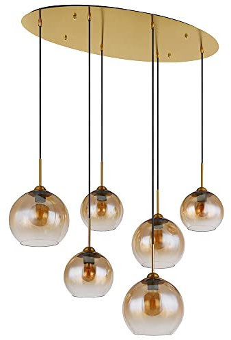 GLOBO Pendellampe Hängelampe Esstischleuchte 6 flammig Glaskugel amber Wohnzimmerlampe messing, 1x E27, LxBxH 97,5x40x150 cm