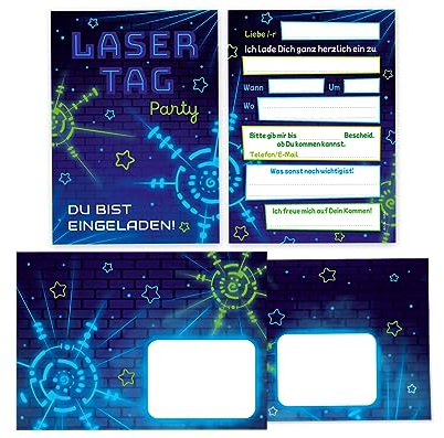 Minkocards 12 Einladungskarten incl. 12 Umschläge zum Kindergeburtstag Lasertag Laser Tag Mädchen Jungen Einladungen zum Geburtstag Kinder Einladungsset