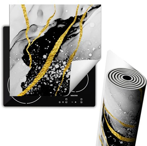 TMK ArtDeko Herdabdeckplatte Einteilig Küche Herdabdeckung Ceranfeld Herdabdeckplatten Anti Rutsch Matte Aufrollbar 60x52 cm, Marmor Golden