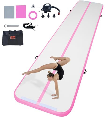 VEVOR Tapis de Gymnastique Gonflable 10 cm Épaisseur, Piste d’Acrobatie avec Pompe Électrique, Tapis d'Entraînement pour Usage Domestique/Salle de Sport/Yoga/Cheerleading/Plage/Parc, 5 m, Rose