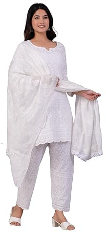 JG JAI GOVINDAM Indian Kurtis for Women Pakistani Salwar Kameez Suit Set Indian Dresses Chikankari White Kurti Pant & Dupatta Set (S)