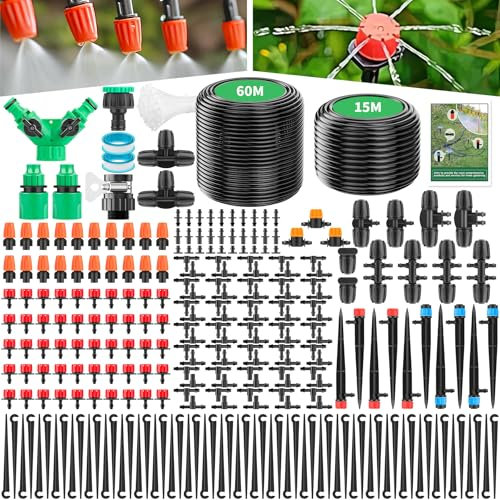 Forever Speed Kit Irrigazione a Goccia 315PCS Impianto Irrigazione Giardino, 60M+15M Tubi di Irrigazione, Irrigazione Spruzzatura Raffreddamento a Goccia kit Irrigazione per Prato, Giardino, Orto