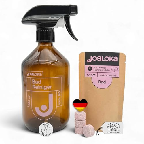 Joaloka Badreiniger Starter-Set, 4 Tabs inklusive Badreiniger Glasflasche - für ein sauberes Badezimmer, vegan, ökologisch, ohne Microplastik, Made in Germany